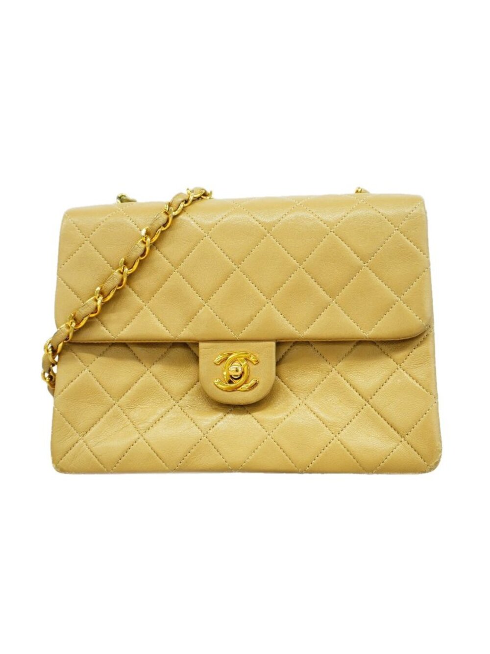 Chanel Shoulder Bag Quilted Lambskin Beige Gold